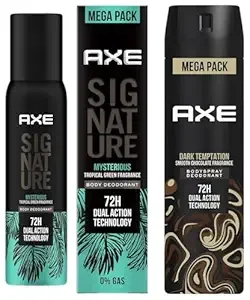 AXE Signature Mysterious Long Lasting No Gas Aerosol Body Deodorant For Men 200 Ml & AXE Dark Temptation Men's Deodorant 215 Ml Long Lasting Deodorant Spray For Men With An Irresistible Scent