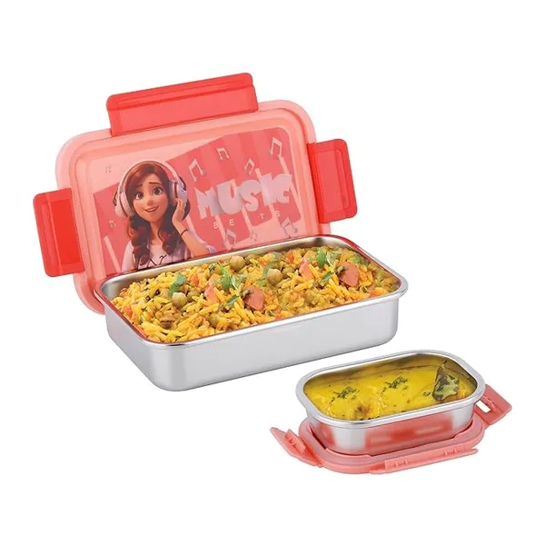 ATTRO Nutri Meal Stainless Steel Kids Lunch Box Airtight, Spill-Proof, with Eye-Catching Prints Includes 1 Small Container Ideal for School & Picnics - Pink- 800ml+170ml