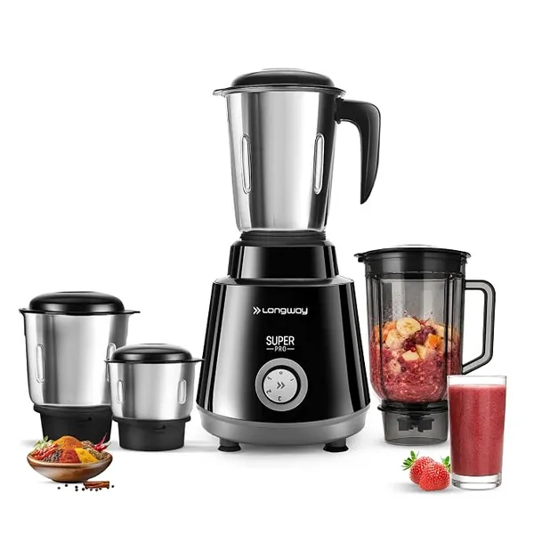 Longway Super Pro Juicer Mixer Grinder | Up to 750W Max Output Powerful Motor | 4 Jars for Grinding, Mixing, Juicing | 2 Year Warranty | Black & Gray