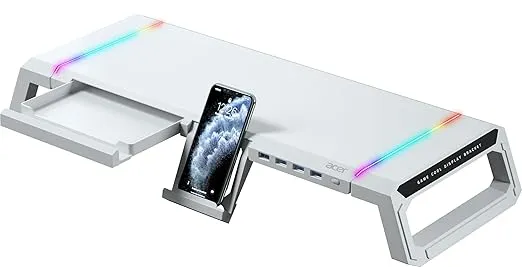 acer Ergo Multifunction Monitor & Laptop Stand Featuring RGB Lighting and a 4-Port USB Hub with Aluminum Multi Keyboard Storage Space Bar, Suitable for Both Office and Home Environments (White)