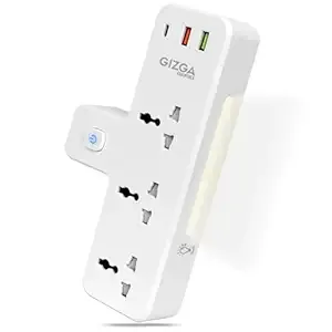 Gizga essentials Power Extension Board: 3 Universal Sockets, 2 USB Ports & 1 Type-C, Surge Protector, Touch-Control Night Lamp, Child Safety, Flame-Retardant Housing, 10A Output, 250V