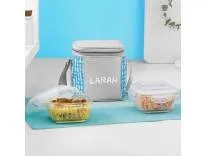 Larah Glassware Vogue Blue Borosilicate Glass Lunchbox with Bag | Microwave & Dishwasher Safe, Leakproof | Tiffin for Office, School, College (320ml Vertical)