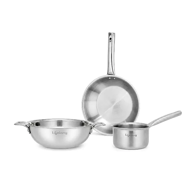 Lifelong Triply 3-piece cookware Set | Kadai, Frypan & Saucepan for Cooking | Stainless Steel 22 cm Kadai & Fry Pan 22 cm | 14 cm Sauce Pan | Induction Bottom & Gas Stove Cookware (LLTP3PCS)