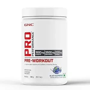 GNC Pro Performance Pre-Workout | 360 gm | 30 Servings | Boosts Pump & Energy | Speeds Up Recovery | 1500 mg L-Arginine | 3500 mg Beta-Alanine | 200 mg Caffeine | Blue Raspberry