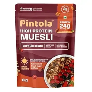 Pintola High Protein Muesli Dark Chocolate & Cranberry 1kg, 24g Protein, High Fibre, Trans Fat Free with Brown Sugar, Real Fruits, Muesli for Breakfast Food, Muselies Fruit Nuts and Seeds 1 kg Rs.497 @ Amazon