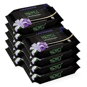 Novel Refreshing Wet Wipes for Face 25 Wipes x Pack of 9 (225 Wipes) | Wet Wipes for Women & Men with Lavendar Fragrance | Aqua, Menthol, PEG-400, Glycerin | pH Balanced, Dermatologically Safe, Hypoallergenic, Alcohol & Paraben-Free | Soft, Skin-Fri