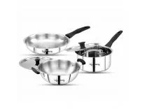 Lifelong 5 Piece Stainless Steel Cookware Set|2.2L Kadhai with Lid 22cm|1.4L Fry Pan 22cm|1.2L Saucepan 16cm|Comes with Two Lid|Induction & Gas Compatible|Bakelite Handles|Easy to Clean (Silver)