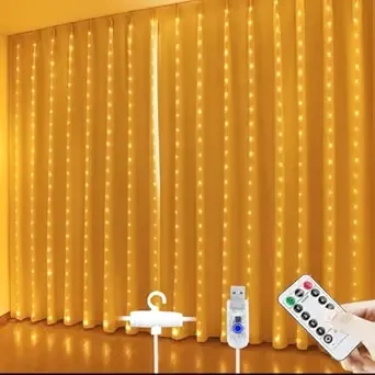 Gesto USB Curtain Fairy Lights for Decoration – 300 Led String Lights with 8 Modes Remote | Warm White Decorative Lights for Home Decor, Room,Wall, Balcony, Christmas & Diwali Decoration- 9.8x9.8 Ft