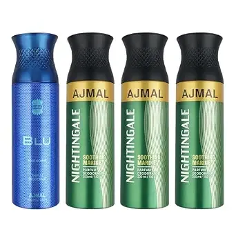 Ajmal 1 Blu Homme for Men and 3 Nightingale for Men & Women Deodorants each 200ML Combo pack of 4 (Total 800ML)