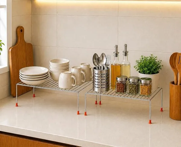 Stainless Steel Under Cabinet Kitchen Dish Rack Expandable Storage Floating Shelves For Kitchen Multipurpose Organizer Extend Up To 580 Mm With Anti-Rust Nano Coating(Pack Of 2)(Nhsp) Rs.199 @ Amazon
