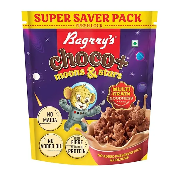 Bagrry's Choco+ Moons & Stars - 1.2 kg | Multigrain Goodness | No Maida & No Added Oil | Oats, Whole Wheat & Rice | High Fibre, Source of Protein | Delicious Chocolaty Breakfast Cereal for Kids & Adults
