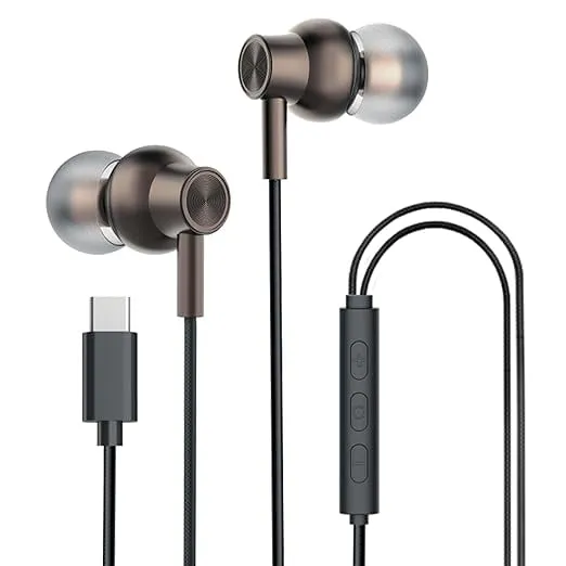 Kratos Tune V6 C Type Earphones Wired, Deep Bass Drivers Earphone, Inline Control Type c Headphones with Mic, Comfort Fit Type c Earphone with Volume Control,Metallic C pin Earphones (Brown)