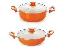 NIRLON Ceramic Cookware Set Kadhai and Casserole with Glass Lid - Set of 2 (Orange)