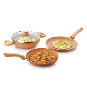 Crystal Marbo Plus Induction Bottom 4 Pc Nonstick cookware set | Tawa 280 mm + Fry Pan 250 mm + Kadai 250 with Glass Lid | Thickness: 3mm | 5 Layer Coating | Metal Spoon Friendly | Colour - Sandalwood