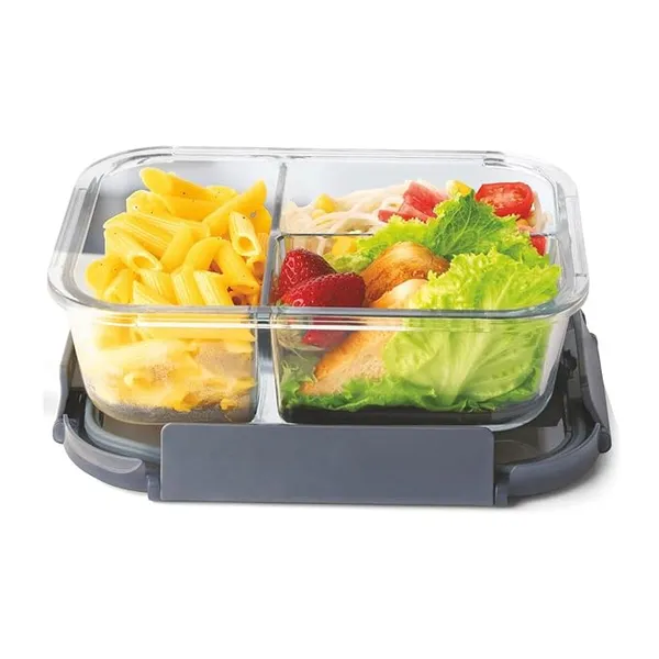 Signoraware Borosilicate Glass Three Compartment Lunch Box, 1 Ltr, Clear, Leakproof Silicone Seal, Heat Resistant for Office & Outdoor Activities