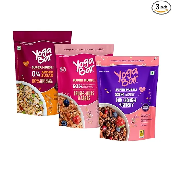 Yogabar Wholegrain Breakfast Muesli |Fruits Nuts and Seeds | Dark Chocolate Cranberry |No Sugar Super Muesli |400gm Each