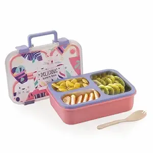 ATTRO Kitty Kart Plastic Lunch Box – 3 Compartment Bento Tiffin, Leak-Proof & Durable, Plastic Cutlery, Ideal for Kids, School,Picnic – 800ml, Pink Purple Rs.187 @ Amazon