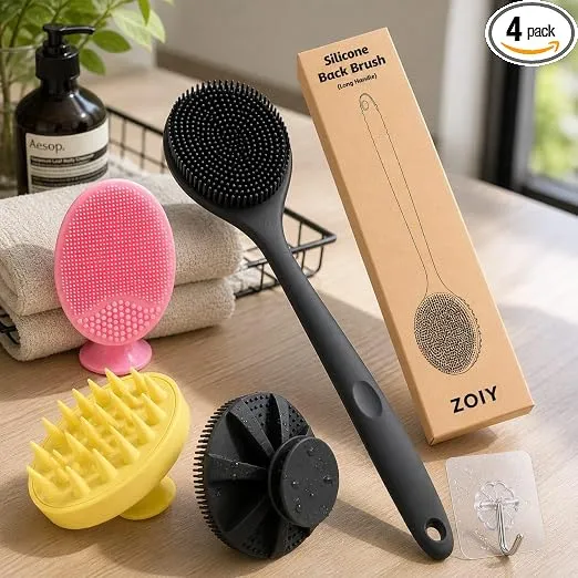 4-in-1 Silicone Bath Brush Set – Long Handle Back Scrubber, Body Exfoliating Shower Brush, Scalp & Face Massager, BPA-Free Soft Silicone Bath Brush for Men & Women, Hooks Included