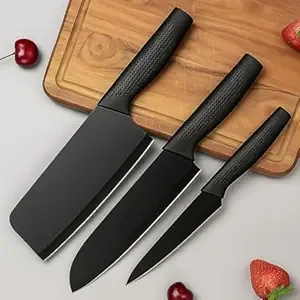 YELONA Set of 3 Paring, Chef, Butcher Meat Knife Black Stainless Steel Non Stick Coating | Rust Resistant, Sharp Blade Chopping, Cutting, Slicing Multipurpose for Home, Kitchen Rs.389 @ Amazon