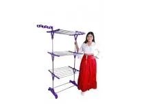 UNIZONE Stainless Steel Foldable 3-Tier Cloth Drying Stand – Single Pole Laundry Dryer Rack with Wheels, Elegant Cloth Dryer Stand with Premium Kite Shape Connectors, Wave Wings & 24 Small Hooks