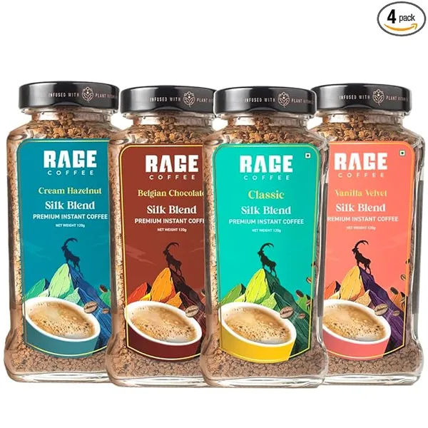 Rage Coffee Silk Blend Instant Coffee Combo Pack of 4 | Classic, Belgian Chocolate, Creamy Hazelnut & Vanilla Velvet | Premium Bold & Smooth Flavors | 120g Each Jar | 100% Arabica | Hot & Cold Brew - 480g