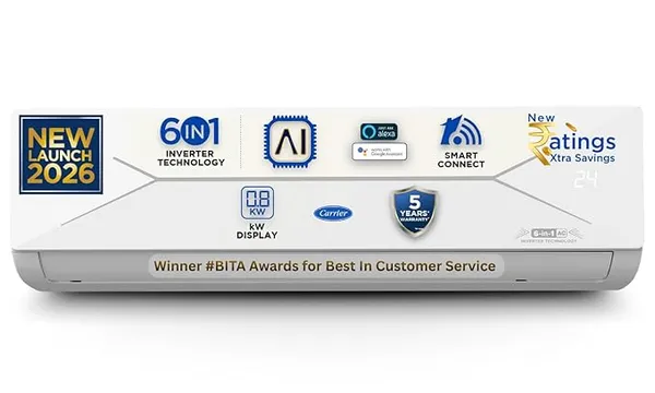 [HDFC CC] Carrier 1 Ton 5 Star, New Star rated, Wi-Fi Smart Flexicool Inverter Split AC (Copper, Convertible 6-in-1 with Wi-Fi with Geo-Fencing,Smart Energy Display, ESTER EDGE Gxi WiFi-CAI12EE5R36W0, White)
