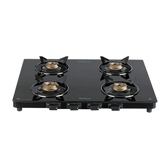 [HDFC NC EMI] Havells GEOSLIM Gas stove |4 Heavy Duty Forged Brass Burner|6 mm Toughened Glass|Premium Valves|Removable Drip Tray|Soft Touch Knobs|5 year Warranty on Burners, Glass & Valves by Havells (Black)