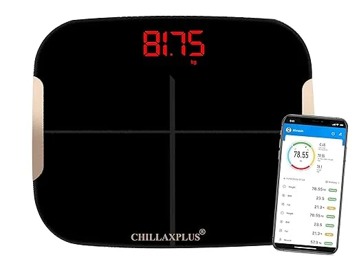 CHILLAXPLUS Weighing Machine for Body Weight | Smart Bluetooth BMI Weight Machine for Home with Body Fat Analyzer & 13 Body Metrics | Supports 8 Users, Strong ABS Build (Black) Rs.449 @ Amazon