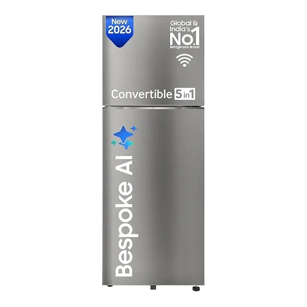 [Apay ICICI NC EMI] Samsung 330 L, 2 Star, Convertible 5-in-1, Digital Inverter, Frost Free Double Door, WiFi Bespoke AI Refrigerator (RT34HG5A42SLHL, Silver, Ez Clean Steel, 2026 Model)