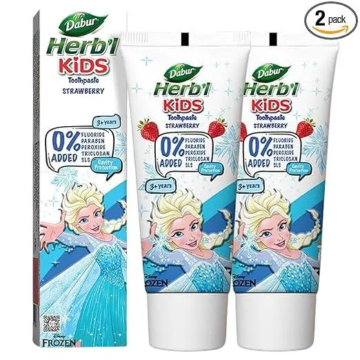 Dabur Herb'l Kids Elsa Frozen Toothpaste | 160g (Pack of 2 x 80g) | 3+ Years | Strawberry Flavour | No added chemicals | Cavity protection | Healthy Gums | SLS & Flouride free
