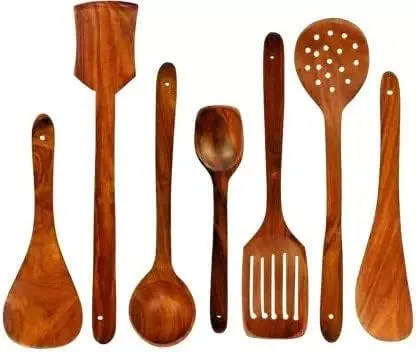 Ace Wood Crafts Handcrafted Wooden Kitchen Utensils Set, 6 Pieces, Durable Teak Wood