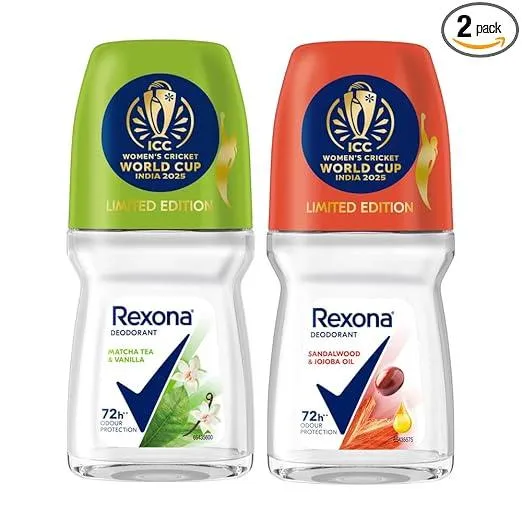Rexona Matcha Tea & Vanilla and Sandalwood & Jojoba Oil Antiperspirant Roll-On | for Women | Limited Edition Pack - ICC Women’s Cricket World Cup India 2025 |50 ML (Pack of 2)