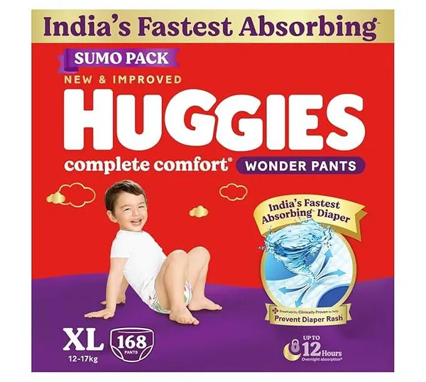 [Apply 5% Coupon] Huggies Complete Comfort Wonder Pants | Pant Style Baby Diapers Extra Large Size (XL), 168 Count | India's Fastest Absorbing Diaper, Prevents Diaper Rash, Ideal for 12 to 17 Kgs (56 Count, Pack of 3) Rs.1738 @ Amazon