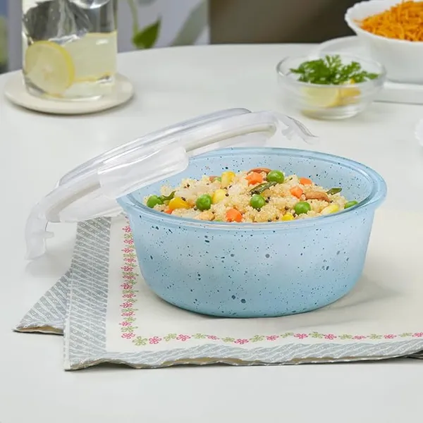 Borosil 400 ml Blue Food Storage Container with Air Tight Lid | Round Shape Borosilicate Glass Organiser | Microwave & Dishwasher Safe | For Fridge, Kitchen Storage