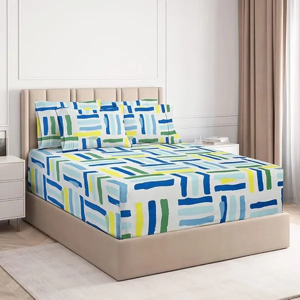 BSB HOME Premium Cotton All Round Elastic Fitted Bedsheets with 2 Pillow Covers | Double Bed with Longlasting 180 TC Supersoft Wrinklefree | for 78x72+10 Mattress (Striped, Green & Blue) Rs.357 @ Amazon