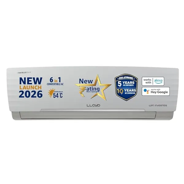 [HDFC CC] Lloyd 1.5 Ton 3 Star Wi-Fi Inverter Split AC, 2026 New Star Rated (6 in 1 Convertible, Cools Up To 54°C, Voice & Wi-Fi, Turbo Cool, Installation Check, Clean Filter Indication, White, GLS18V3AGGSC)