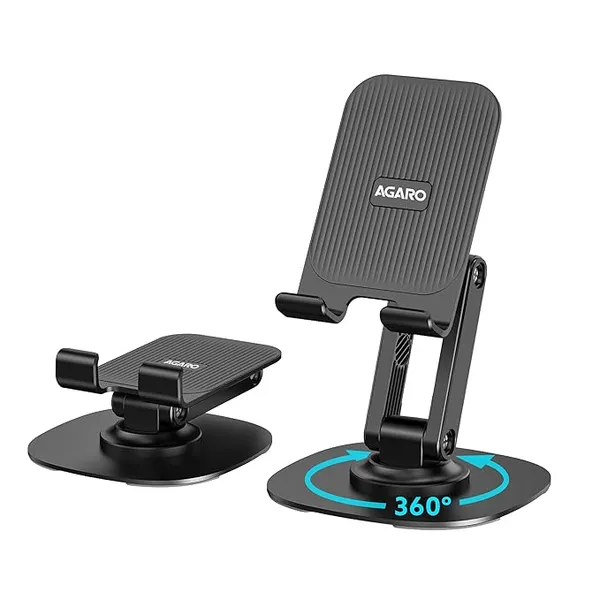 AGARO 360° Revolving Mobile Stand, Foldable & Sturdy Metal Stand with 360° Rotation, Multiple Height & Angle Adjustments & Anti-Slip pads for Desk, Compatible with Smartphones, Tablets, Kindles & iPad