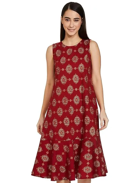 Amazon Brand - Myx A-line Sleeveless Dress (PAG 101_Golden JAAL RED_Large) Rs.179 @ Amazon