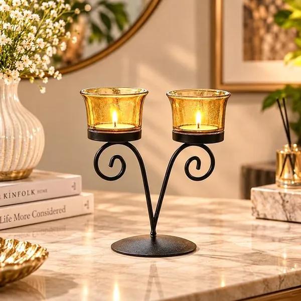 MARKET 99 Black & Golden Metal Glass T-Light Candle Holder with 2 Votives | Decorative Tealight Stand for Diwali Decoration Items | Table Centerpiece for Home, Office, Wedding & Christmas Decor