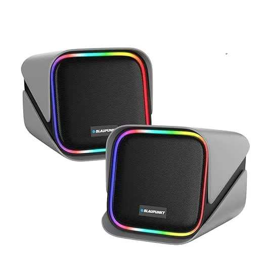Blaupunkt T.W.I.N.Z Bookshelf Bluetooth Speaker 30W RMS with TWS Stereo, RGB Lights, 4000mAh Battery, PC Speaker for Gaming & Entertainment, Wide Compatibility with Laptop, Mobile & Tablet (Grey)