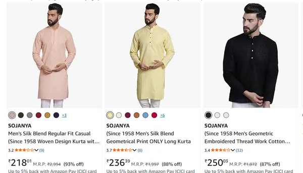 SOJANYA Kurta upto 92% off starting From Rs.319 @ amazon