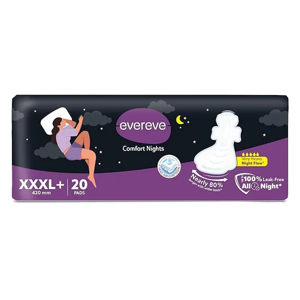 Evereve Comfort Nights Sanitary Pads XXXL+ 420mm, 20 Pads, 60% Longer with Wider back For All Night Care, Very Heavy Night Flow Absorption, Up to 100% Leak Protection, Rash-Free Breathable Comfort