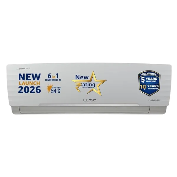 [Axis/ICICI CC EMI] Lloyd 1.5 Ton 5 Star Inverter Split AC, 2026 New Star Rated (6 in 1 Convertible, Cools Up To 54°C, DG Mode, Ice Clean, Smart 4 Way Swing, Turbo Cool, Installation Check, White, GLS18I5AGGGW)