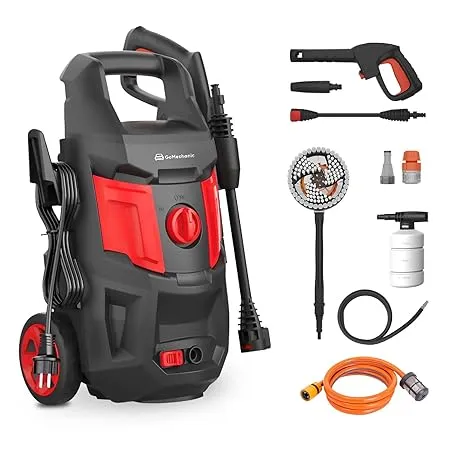 [ICICI/Axis CC] GoMechanic High Pressure Car Washer Pump, 2200 Watts Motor, 200 Bars Pressure, 7.5L/Min Flow Rate, 5m Outlet Hose, Upright Design with Wheels for Car, Bike, Home Cleaning with Rotating Brush