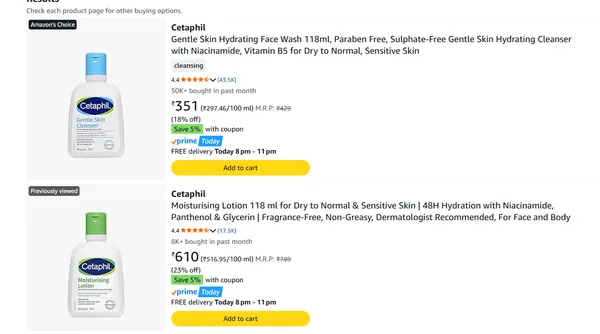 Cetaphil Beauty Products upto 62% off + Coupon starting From Rs.91 @ amazon
