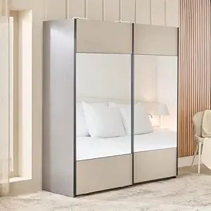 [Coupon + ICICI/Axis CC EMI ] Home Centre | Tiffany 2-Door Sliding Wardrobe with Mirror- Grey | Full Length Mirror for Home | Engineered Wood | Grey | 1 Year Warranty