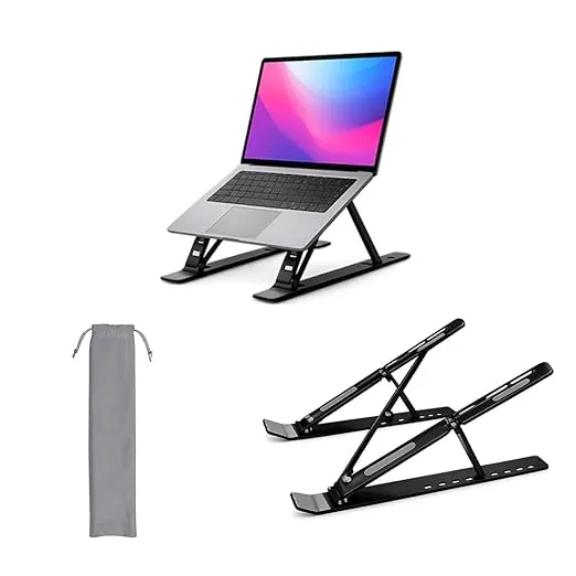 MIKANIX Foldable Aluminum Laptop Stand Adjustable Height & 7 Angle Ergonomic Cooling Stand for Desk Compatible with All Laptops Anti-Slip Portable with Pouch 6 Months Warranty (Black) Rs.276 @ Amazon