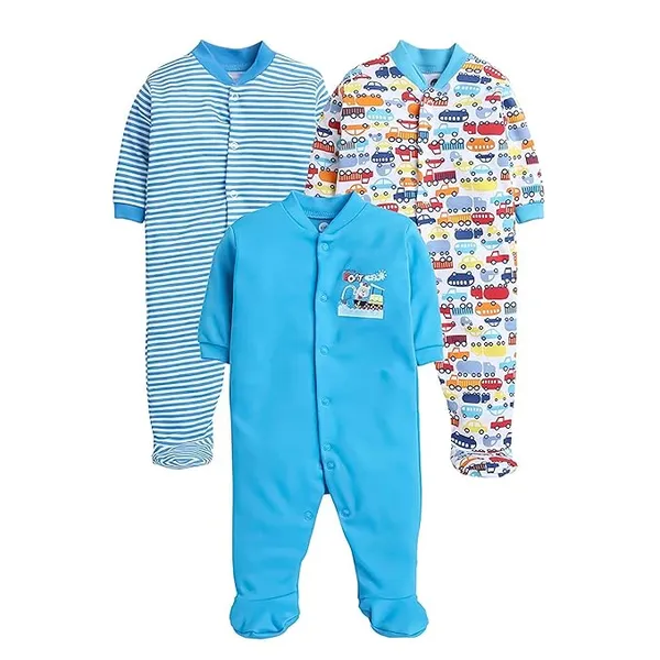 [Apply 5% Coupon] EIO 100% Cotton Rompers/Sleep Suits/Jumpsuit/Night Suits for Baby Boys & Girls, Infants, New Born Pack of 3 Turquoise