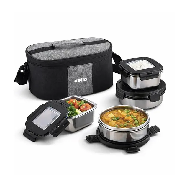 [Apply 25% Coupon] CELLO Duet Set of 4 Pcs Stainless Steel Lunch Box with Bag for Office Use, Black | 2 x 400ml Round, 2 x 400ml Square Steel Containers with Fork & Spoon, Leak Proof Airtight Steel Tiffin Box for Travel