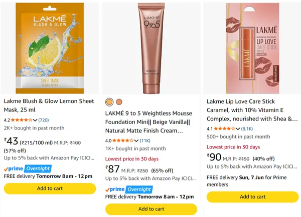 Lakme Makeup & Beauty Products upto 70% off + Coupon starting From Rs.99 @ Amazon